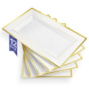 White and Gold Serving Trays 12 Pack Disposable Plastic Party Platters Dessert